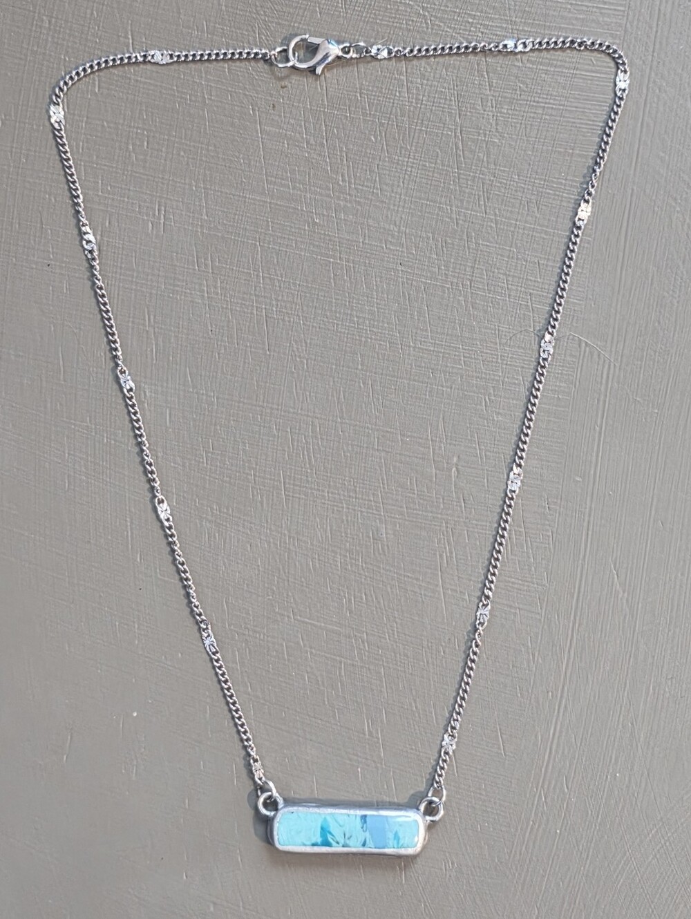 Silver Bar Pendant Necklace with Light Blue Inlay